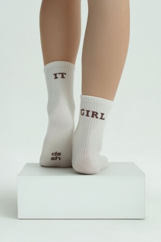 LOUNGEWEAR IT GIRL YAZILI BEYAZ / KAHVERENGİ ÇORAP - Dossha